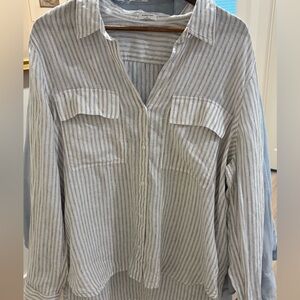 Aritzia Babaton Utility Shirt Linen White and Navy Stripe Long Sleeve Sz XL